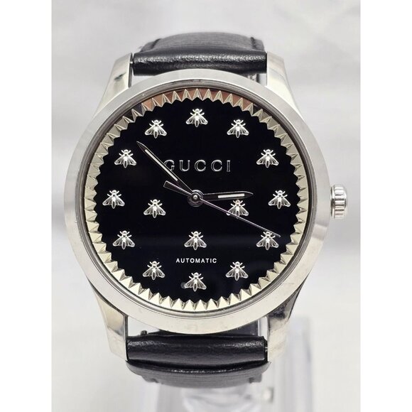 Gucci G-Timeless 126.2 Automatic Black Onyx Stone Dial Leatherband Watch 42mm - Picture 1 of 16